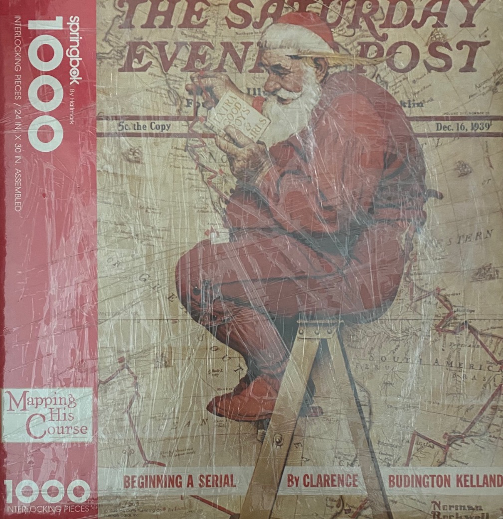 Norman Rockwell illustration of Santa Claus sitting on a stepladder against a map background.