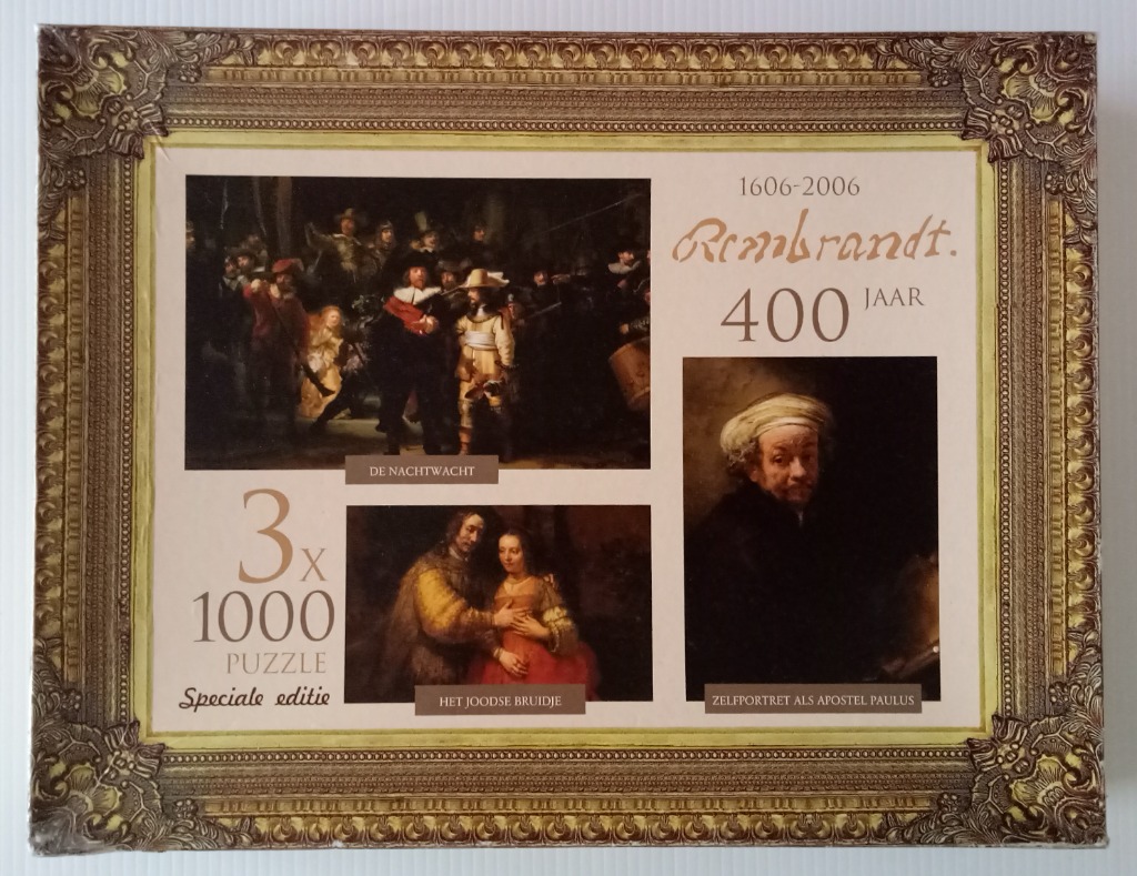 Collage of three famous Rembrandt paintings including The Night Watch, The Jewish Bride, and a self-portrait.