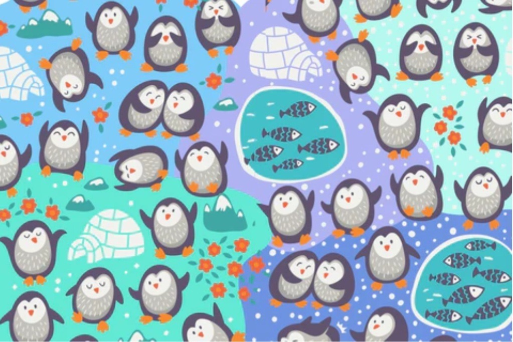 A whimsical pattern of cartoon penguins, igloos, and fish on a colorful background.
