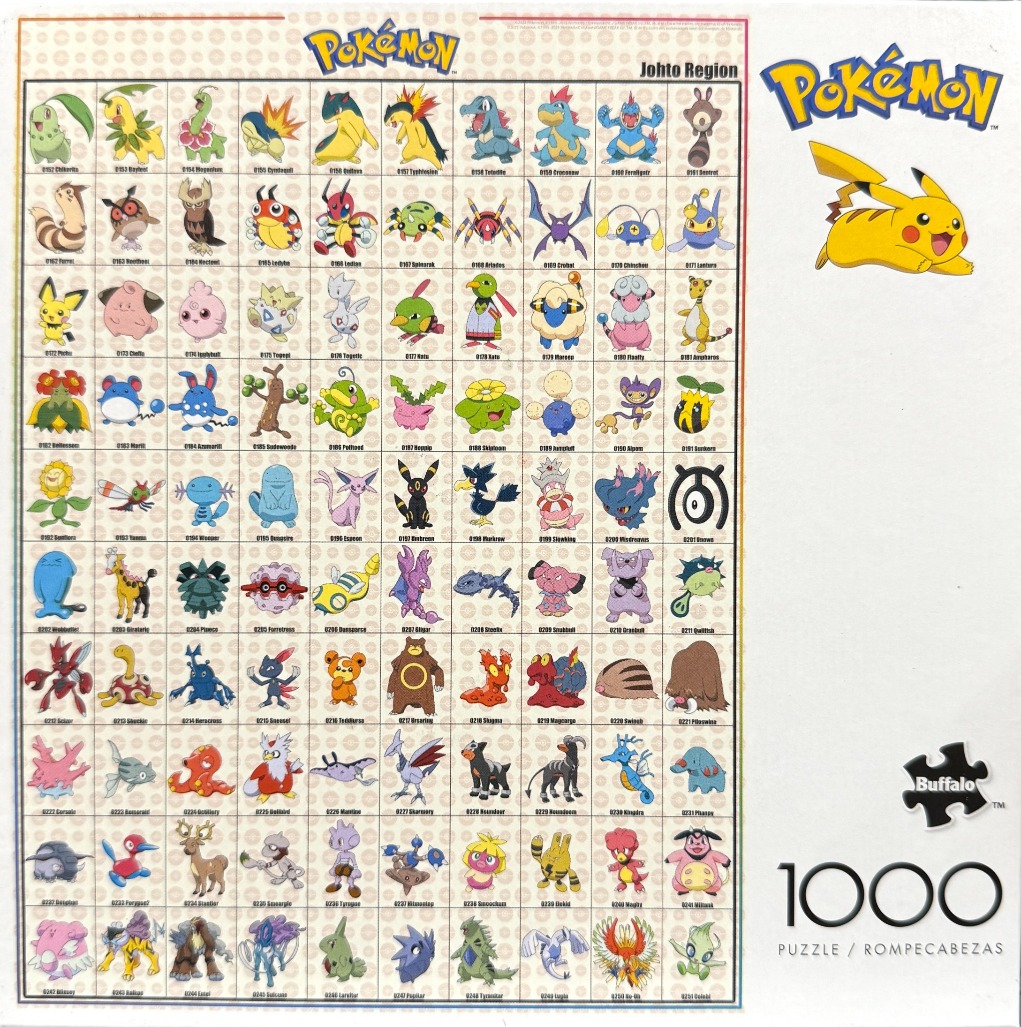 Grid of Johto region characters from the Pokemon series with Pikachu in the corner.