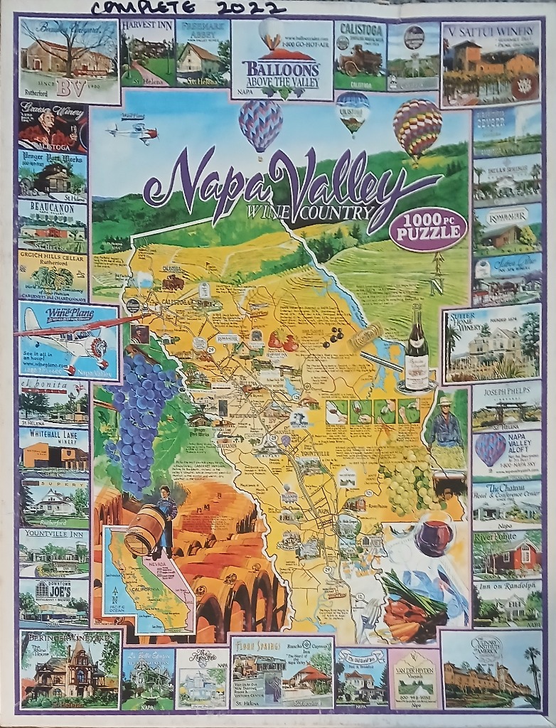 A pictorial map of Napa Valley Wine Country surrounded by vignettes of various wineries and landmarks.