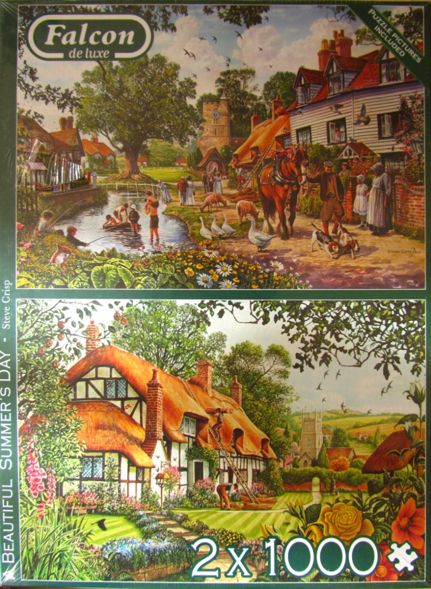 Two idyllic English village scenes featuring thatched cottages, rural life, gardens, and church towers.
