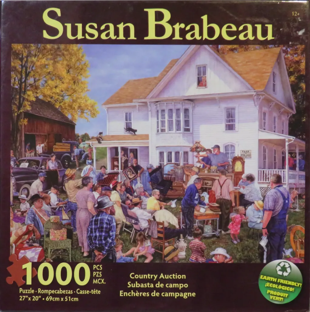 An illustration of a lively country estate auction in front of a white farmhouse.