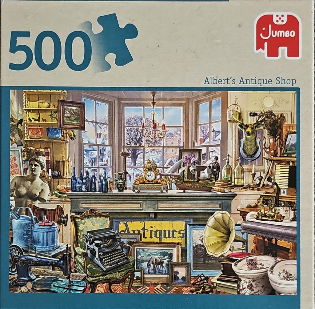 An antique shop filled with collectibles, furniture, and art, viewed through a window showing a snowy winter scene.