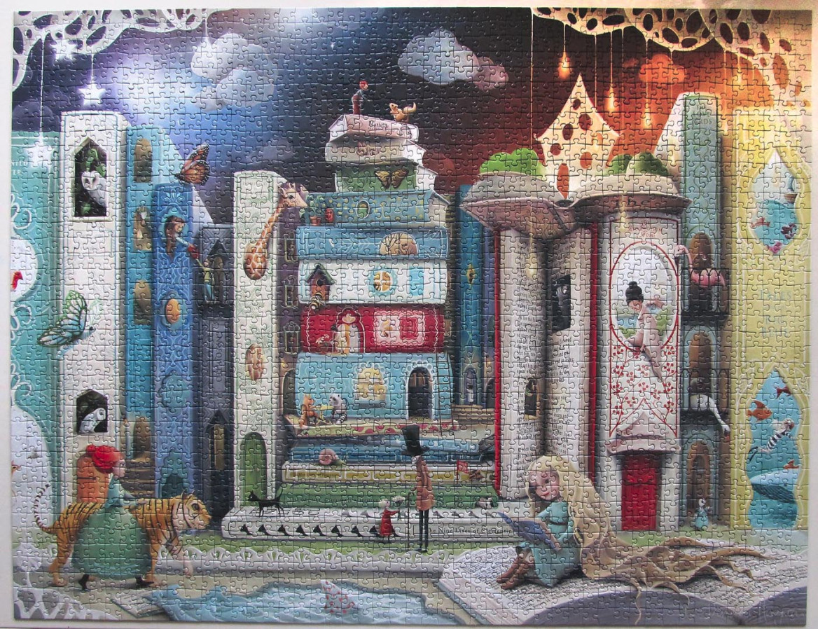 A whimsical illustration of a fantasy town built from giant stacked books under a starry night sky.