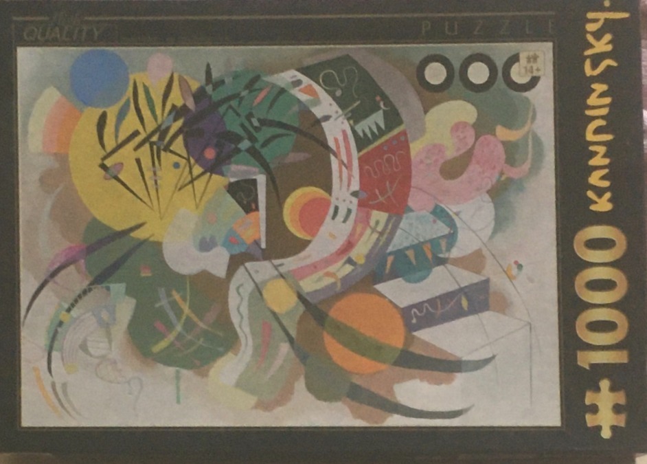 Abstract painting by Kandinsky featuring organic shapes, lines, and circles on a muted background.