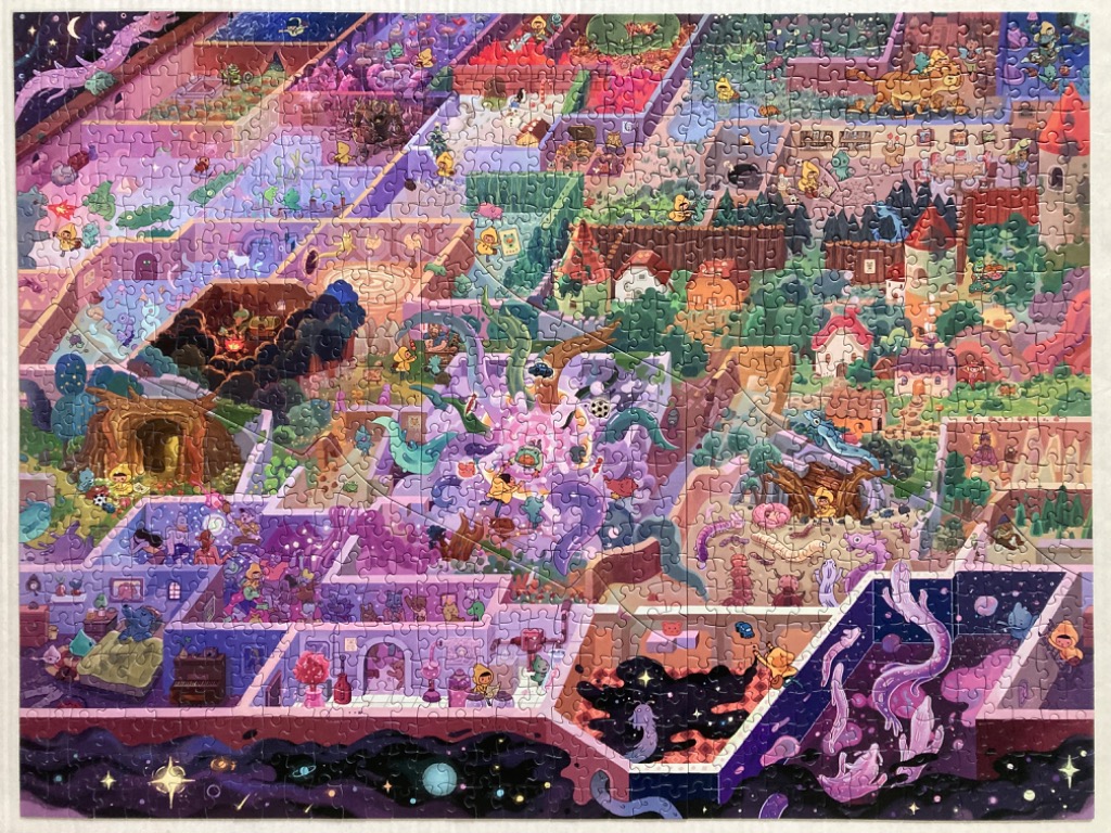 Whimsical castle maze with purple, pink, and green hues, featuring fantastical creatures.