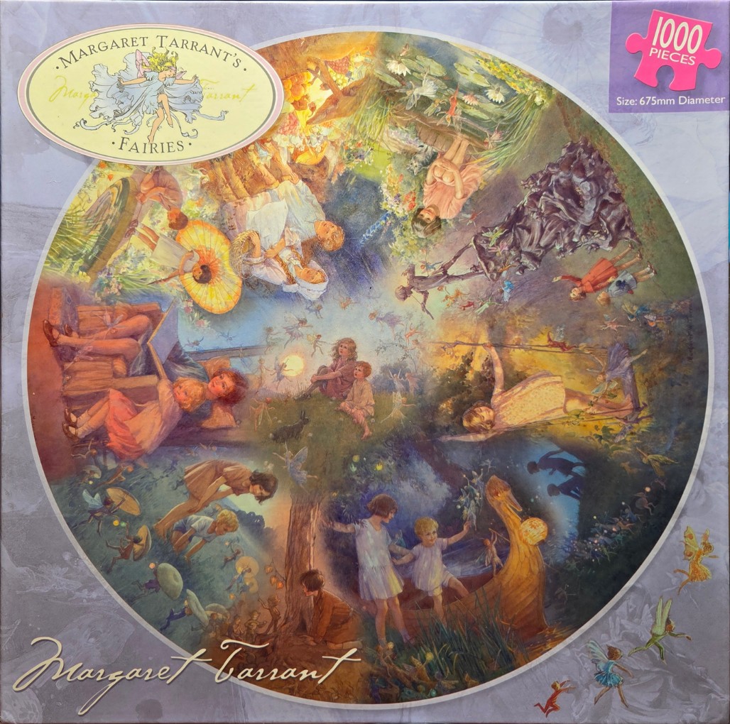 A circular illustration featuring a whimsical collage of children and fairies in various natural settings.