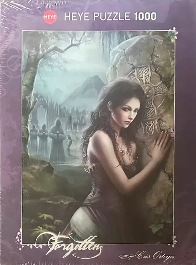 A gothic fantasy illustration of a woman leaning against a stone monolith in a misty, ancient landscape.