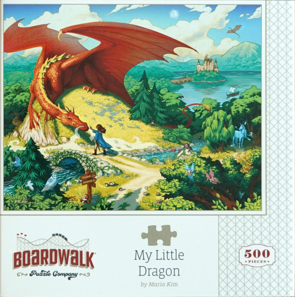 A young girl in a blue cloak encounters a large red dragon on a grassy hillside in a fantasy landscape.