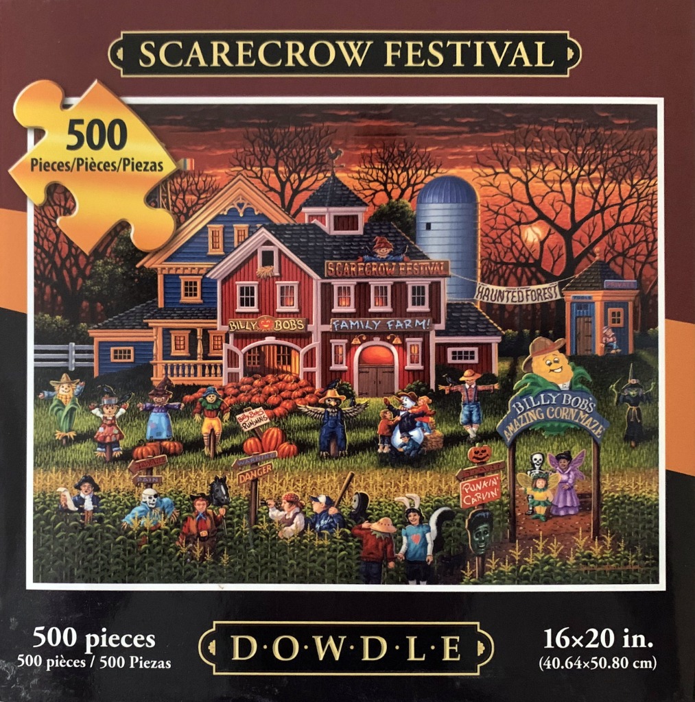 A festive, cartoon-style autumn scene featuring a red barn, a corn maze, and many people in Halloween costumes.