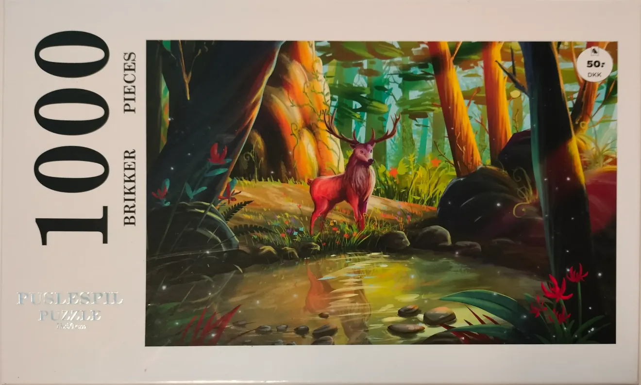 A digital illustration of a stag standing by a forest stream at sunset