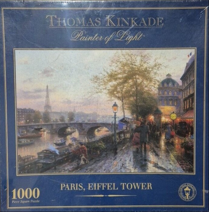 A romantic impressionist painting of a rainy Paris street scene along the Seine with the Eiffel Tower in the distance.