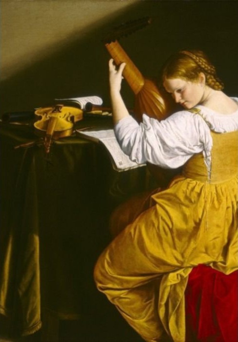 A young woman with braided hair playing a lute beside a table with a violin and sheet music.