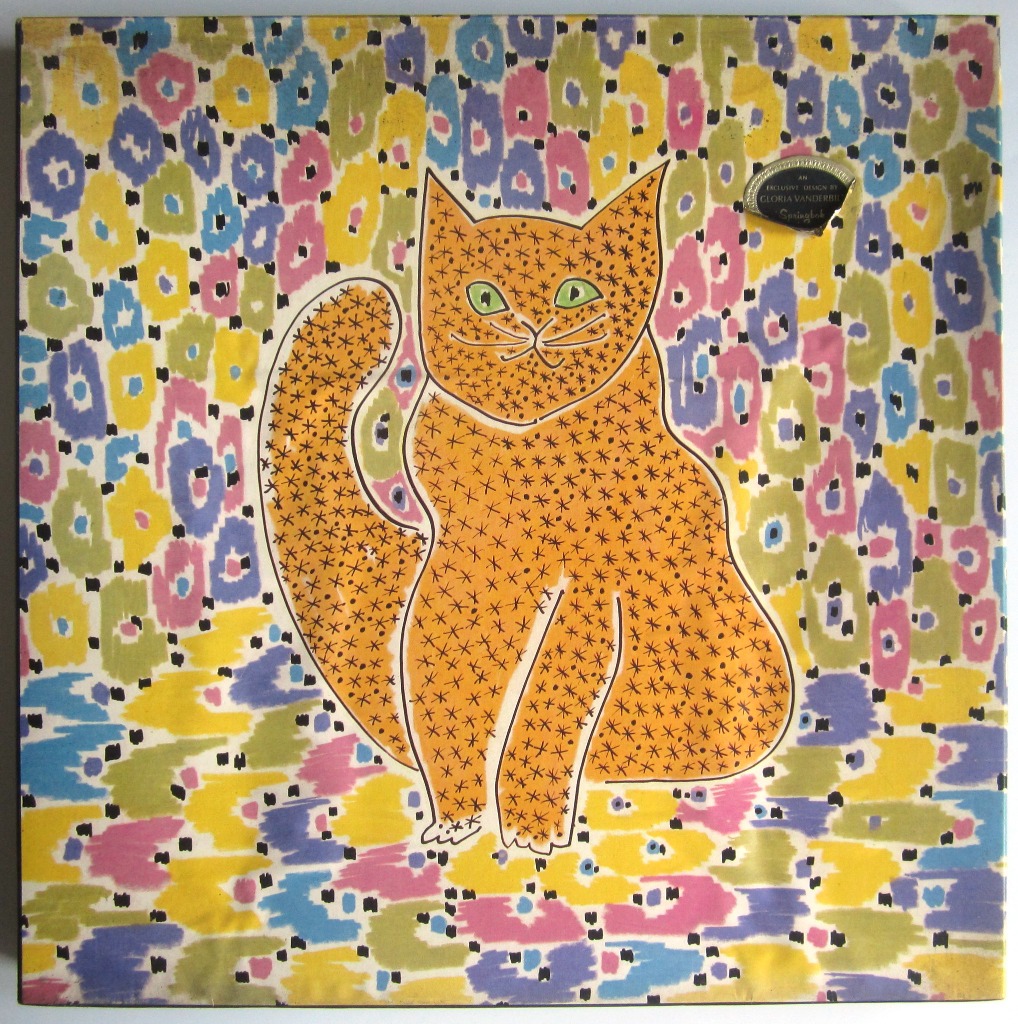 A whimsical illustration of a golden cat patterned with asterisks against a background of colorful, painterly spots.