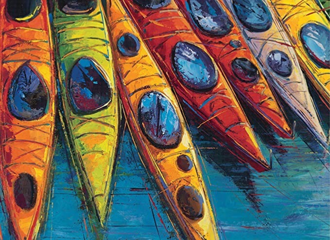 Colorful kayaks lined up on turquoise water in an impressionistic style.