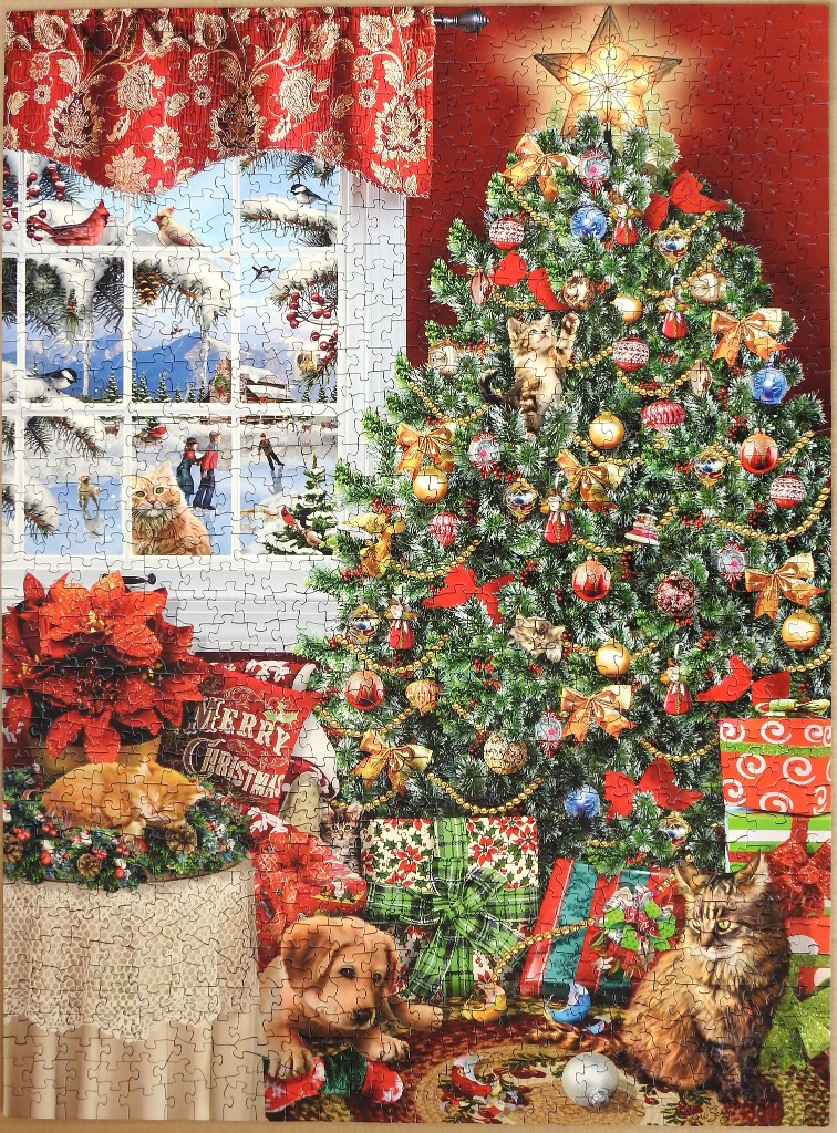 A cozy Christmas scene featuring a decorated tree, pets, and a window view of a snowy landscape.