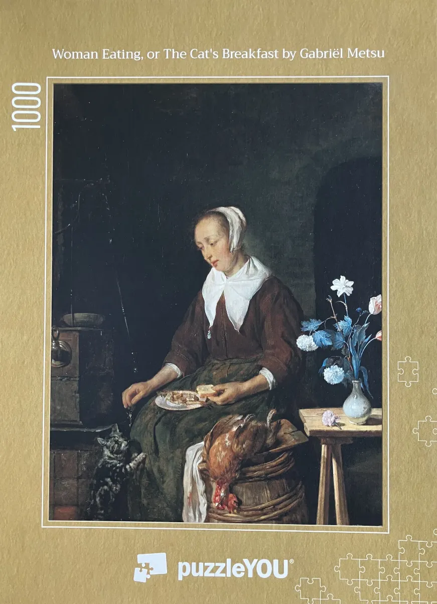 A painting of a woman in a dark interior feeding a small cat from a plate of food.