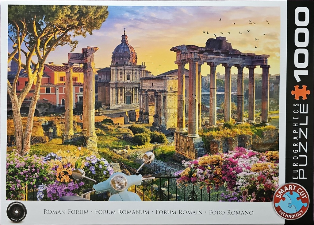A scenic photograph of the Roman Forum at sunset with a light blue scooter in the foreground.