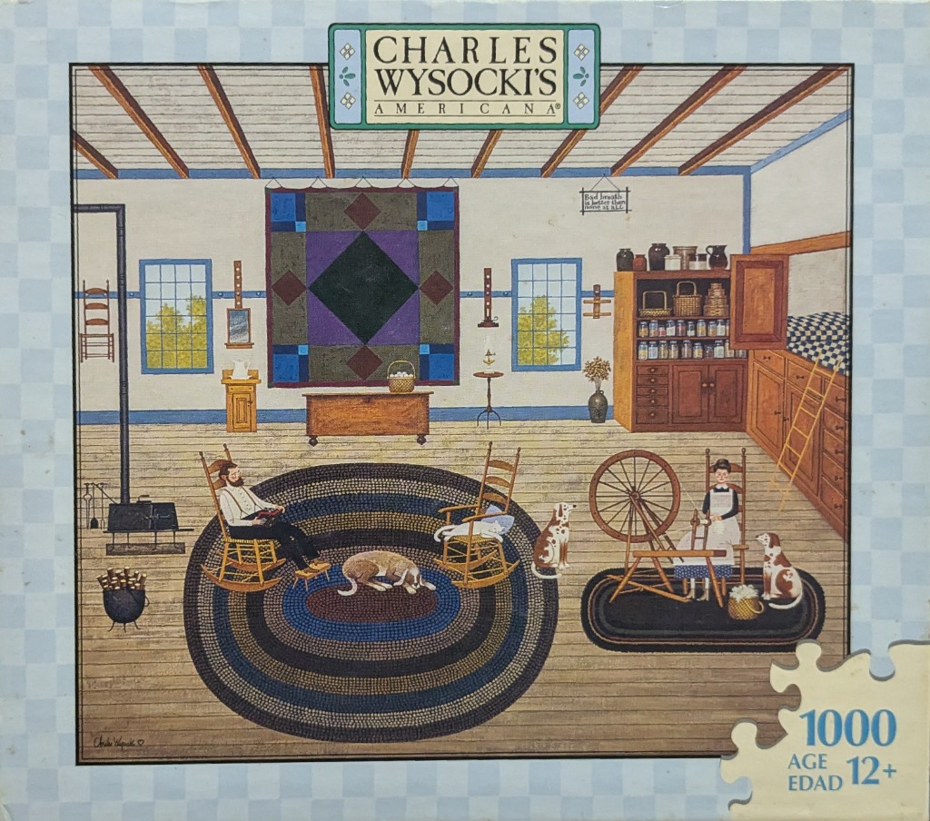 A cozy folk art interior scene with a couple spinning wool and relaxing with their dogs.