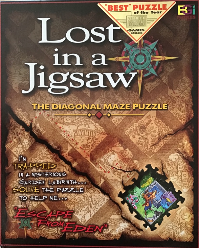 Illustration of a sepia-toned garden maze map with a colorful inset scene of a person trapped within.