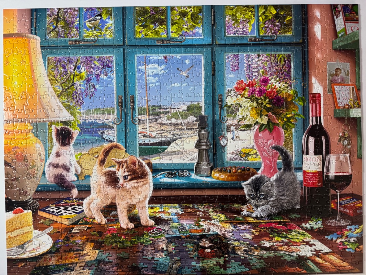 A sunny interior scene with kittens playing on a table in front of a window overlooking a harbor.