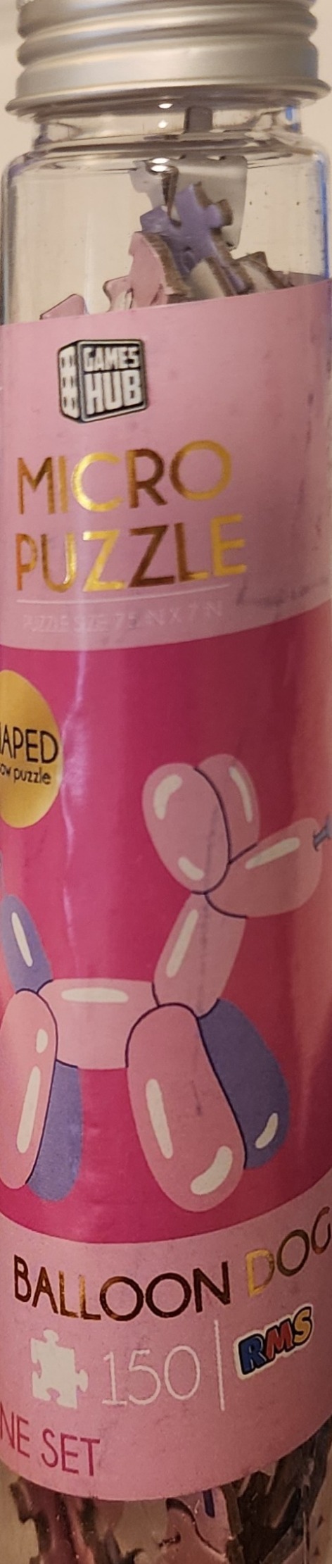 A whimsical illustration of a pink and purple balloon animal dog shaped like a dachshund.