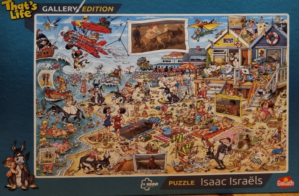 Cartoon beach scene crowded with people, donkeys, and references to paintings by Isaac Israëls.