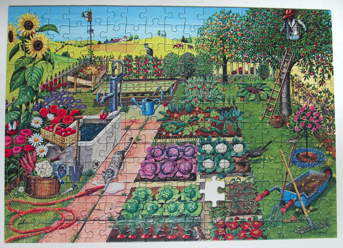 A lush, detailed illustration of a bountiful vegetable garden on a sunny summer day.