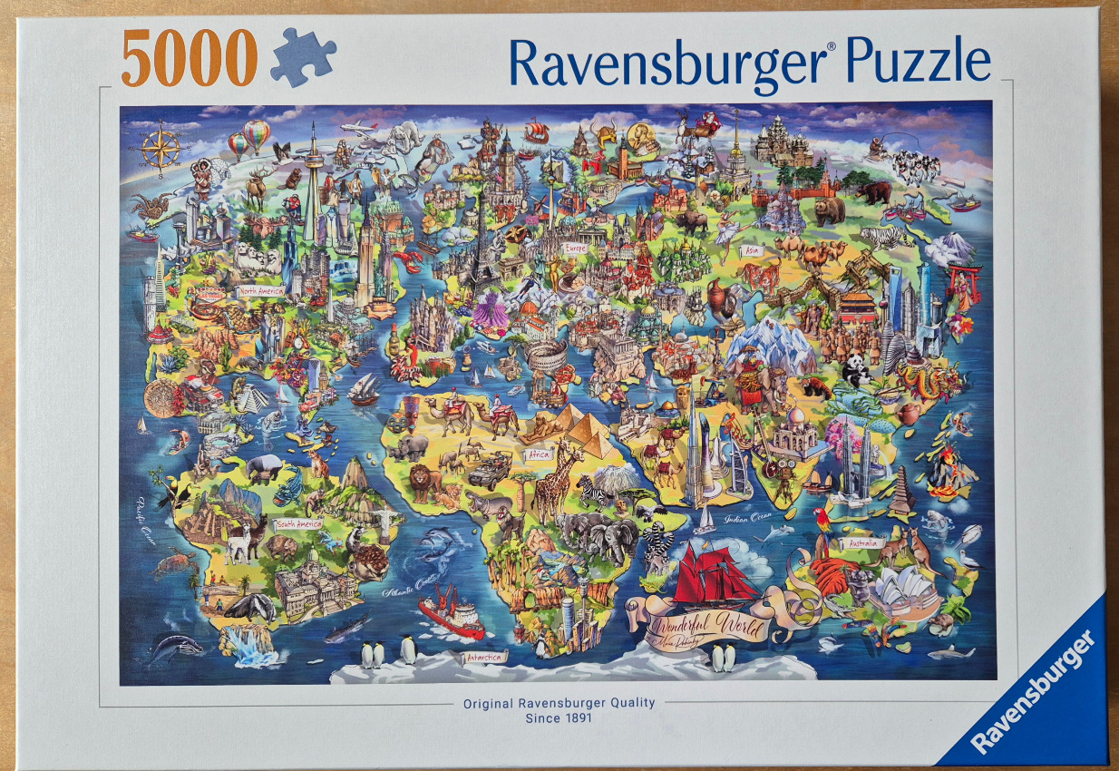 A vibrant, detailed illustrated map of the world featuring landmarks, animals, and cultural icons.