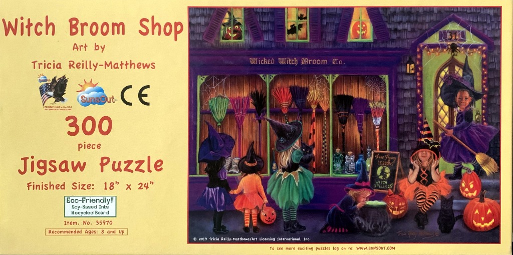 An illustration of children in witch costumes outside a magical broom shop at night.