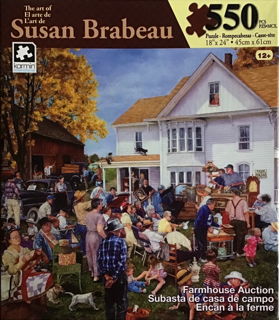 A country auction scene featuring a white farmhouse, a crowd of people, and various antiques being sold on the lawn.