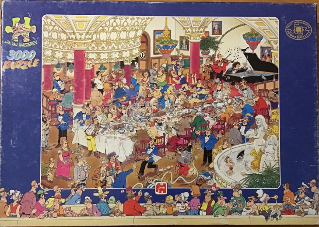 Cartoon illustration of a chaotic, crowded restaurant scene with many diners, musicians, and a central fountain.
