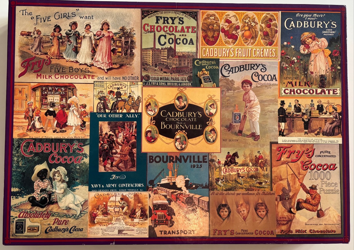 A collage of vintage Victorian and Edwardian era chocolate and cocoa advertisements.