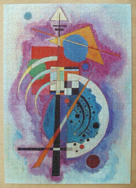 Abstract painting with geometric shapes and a blurred violet background in the style of Wassily Kandinsky