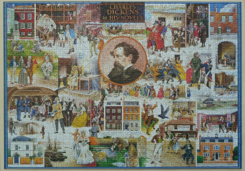 A montage of illustrations representing the life and characters of Charles Dickens
