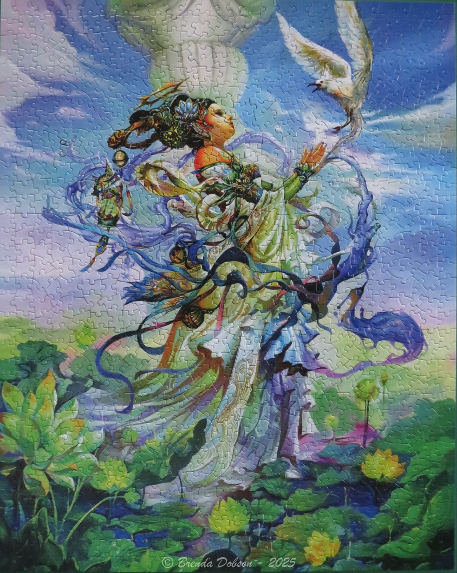 Fantasy illustration of an ethereal deity-like figure surrounded by lotus flowers and a white bird against a blue sky.