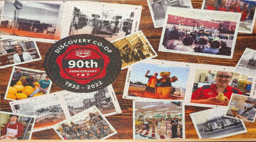 A collage of historical and modern photographs commemorating the 90th anniversary of Discovery Co-op.