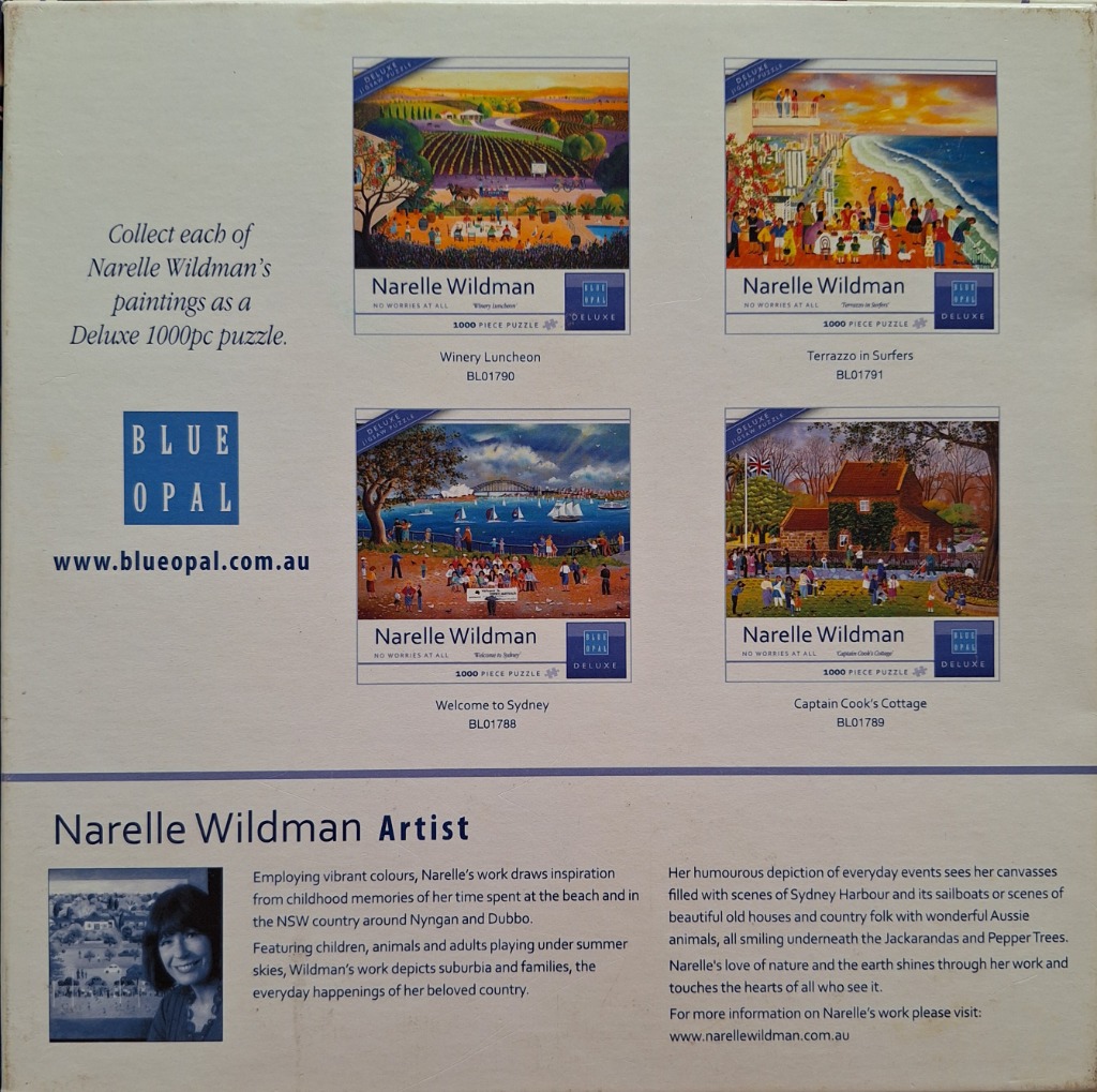 Narelle Wildman paintings: Vineyard, Beach, Sydney, Cottage. Vibrant colors.