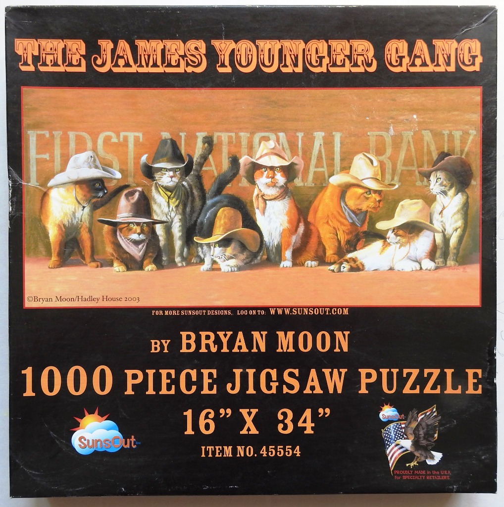 Eight cats dressed as Wild West outlaws wearing cowboy hats in front of a bank.