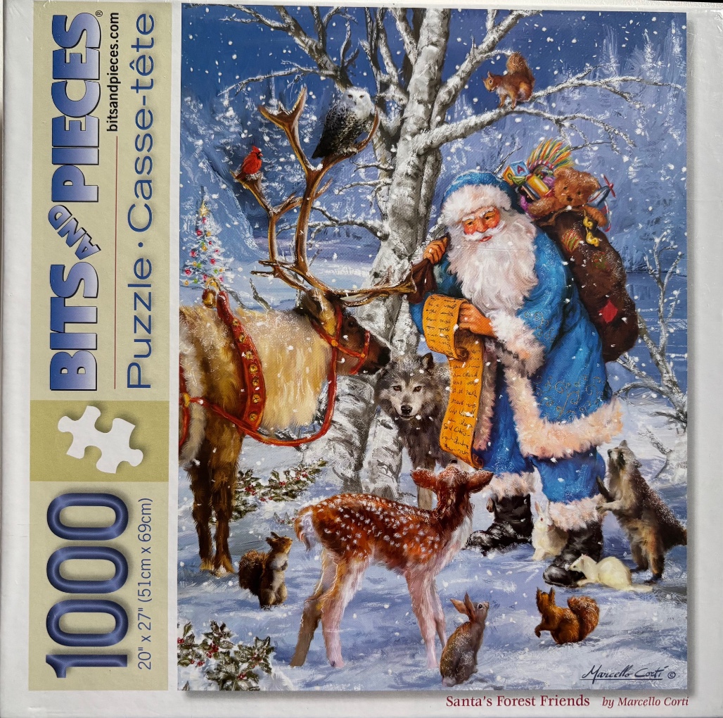 Santa Claus in a blue coat with a sack of toys, surrounded by forest animals in a snowy winter scene.