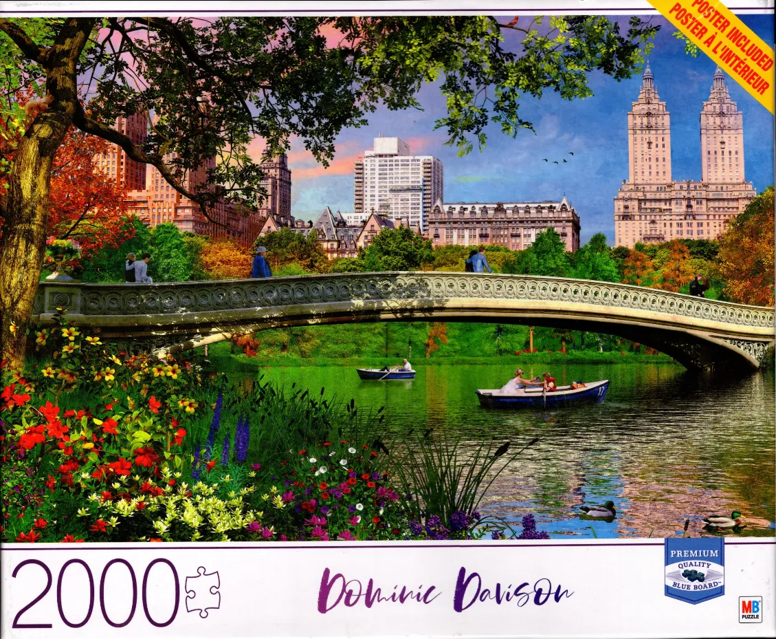 A scenic painting of Bow Bridge in Central Park with rowing boats on the lake and urban skyscrapers in the distance.