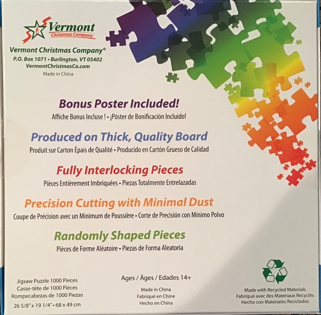 Rainbow gradient puzzle pieces cascade down a white background with product features.