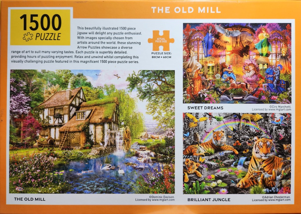 Old Mill scene with a thatched-roof cottage, water wheel, river, and swans.