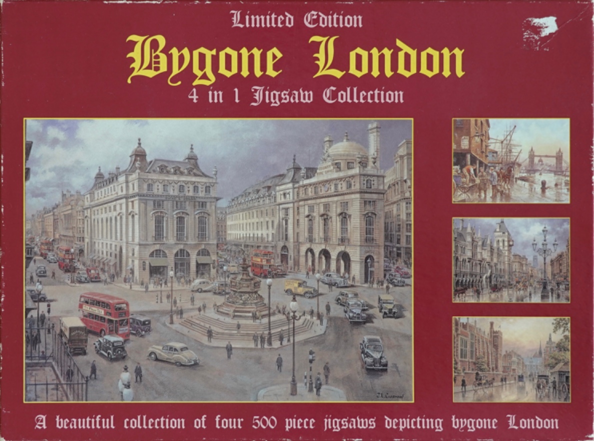 A collage of four detailed historical paintings featuring iconic street scenes and landmarks in London.