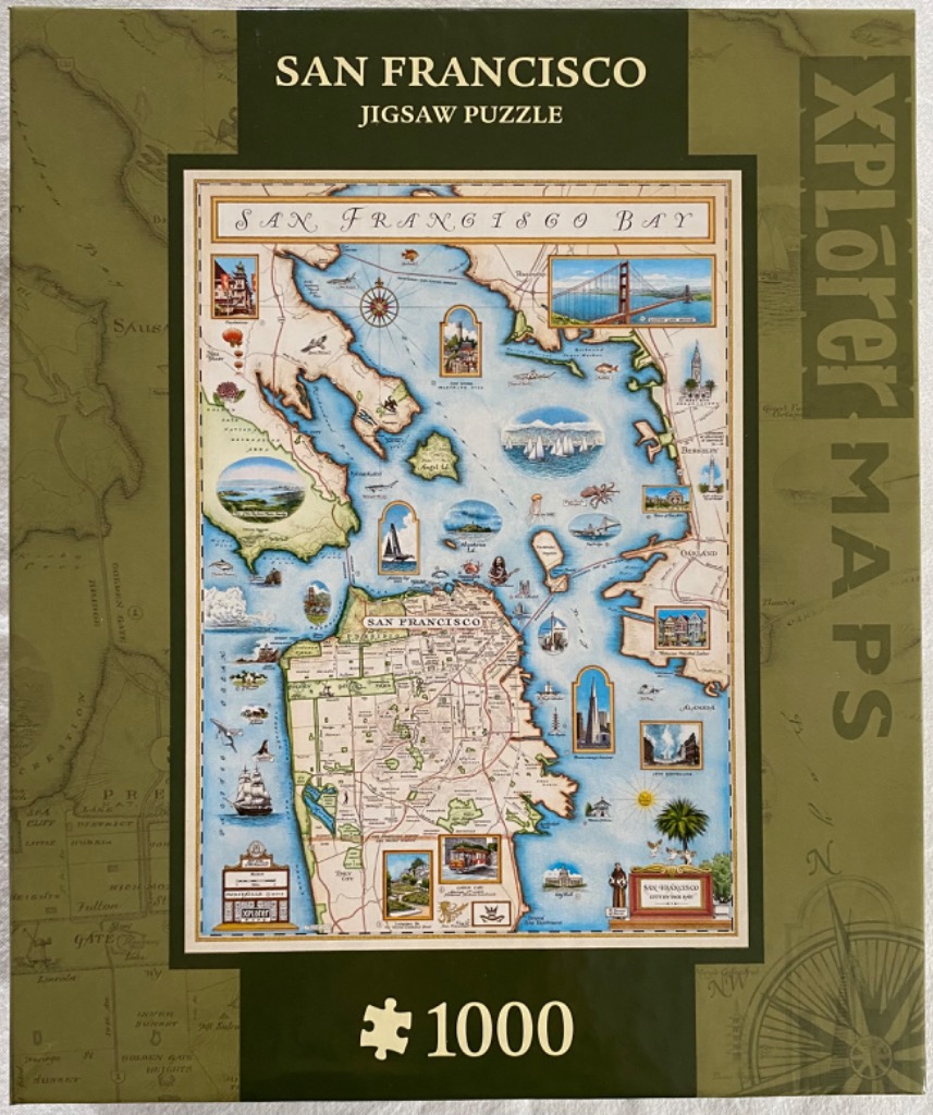 A vintage-style illustrated map of San Francisco Bay featuring surrounding landmarks and artistic vignettes.