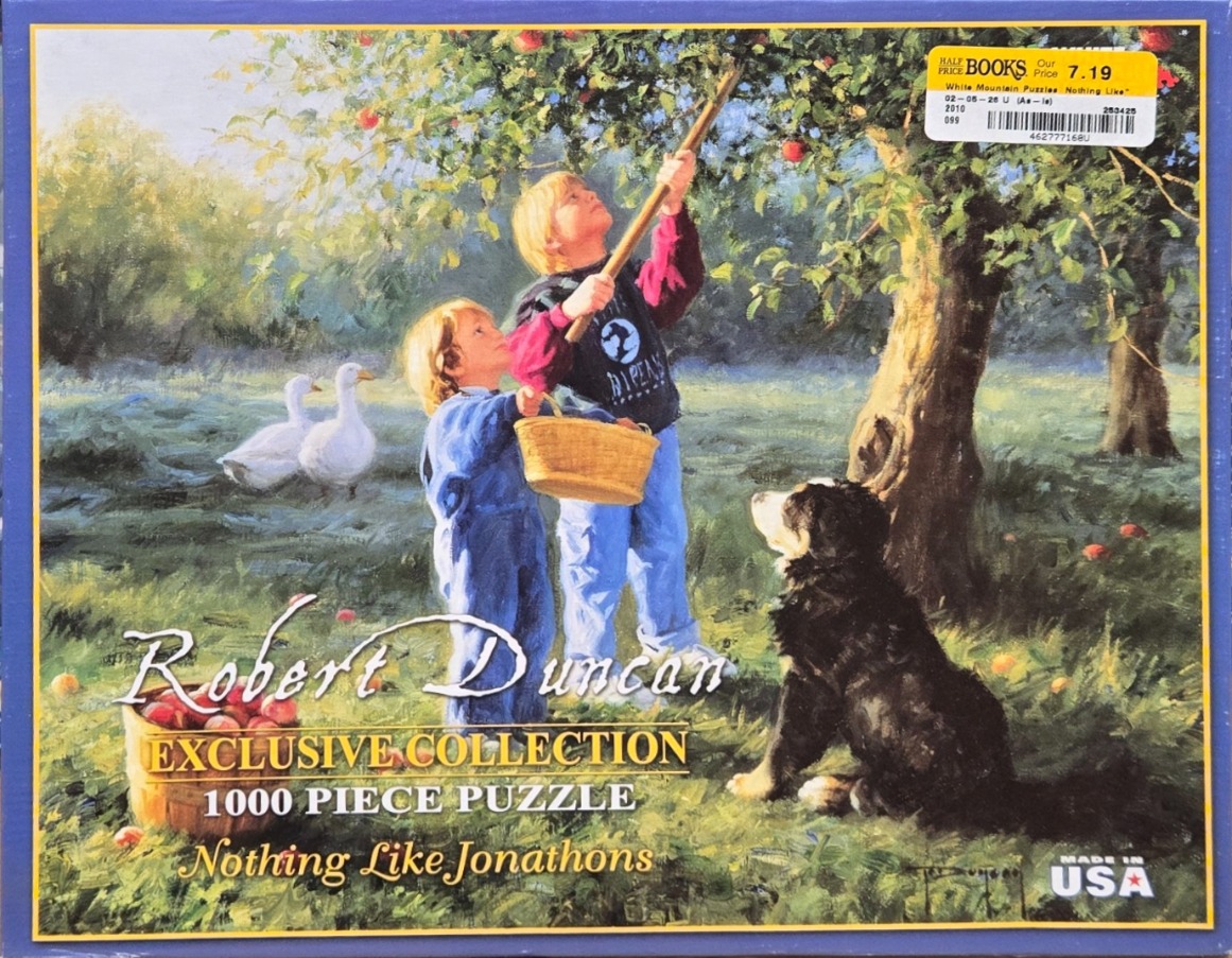 Two young children picking apples in an orchard with a dog and white geese nearby.