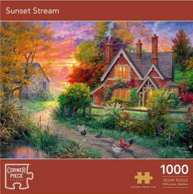 A peaceful painting of a brick cottage at sunset with chickens in the yard near a small stream.