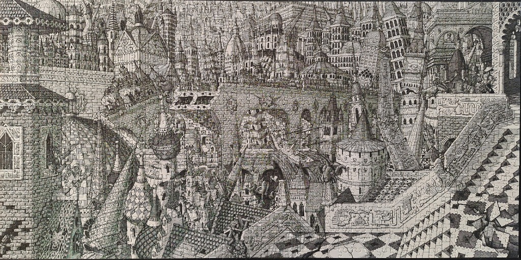 Intricate black and white line art of a sprawling, dense fantasy city with layered stone architecture and arches.