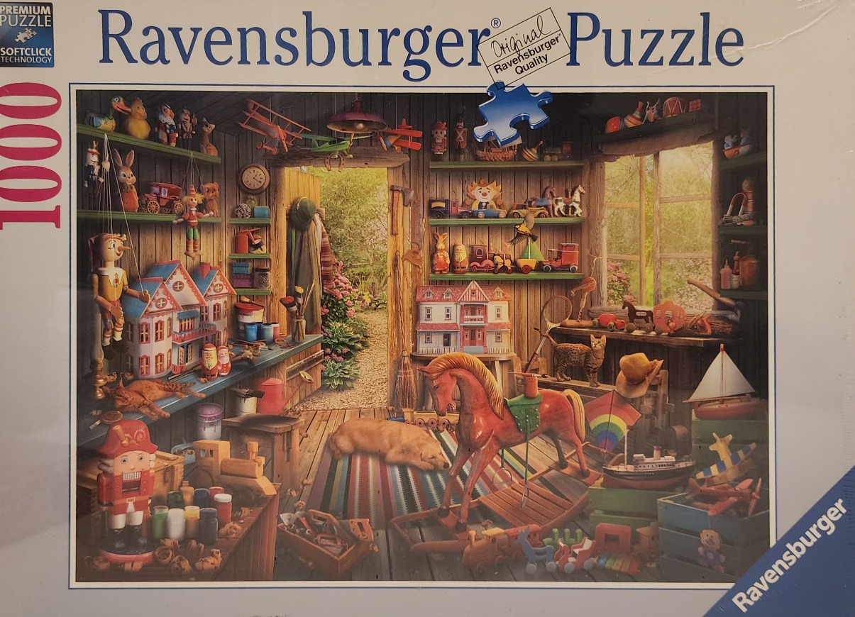 A cluttered, cozy wooden workshop or attic filled with vintage toys, a rocking horse, and a sleeping dog.